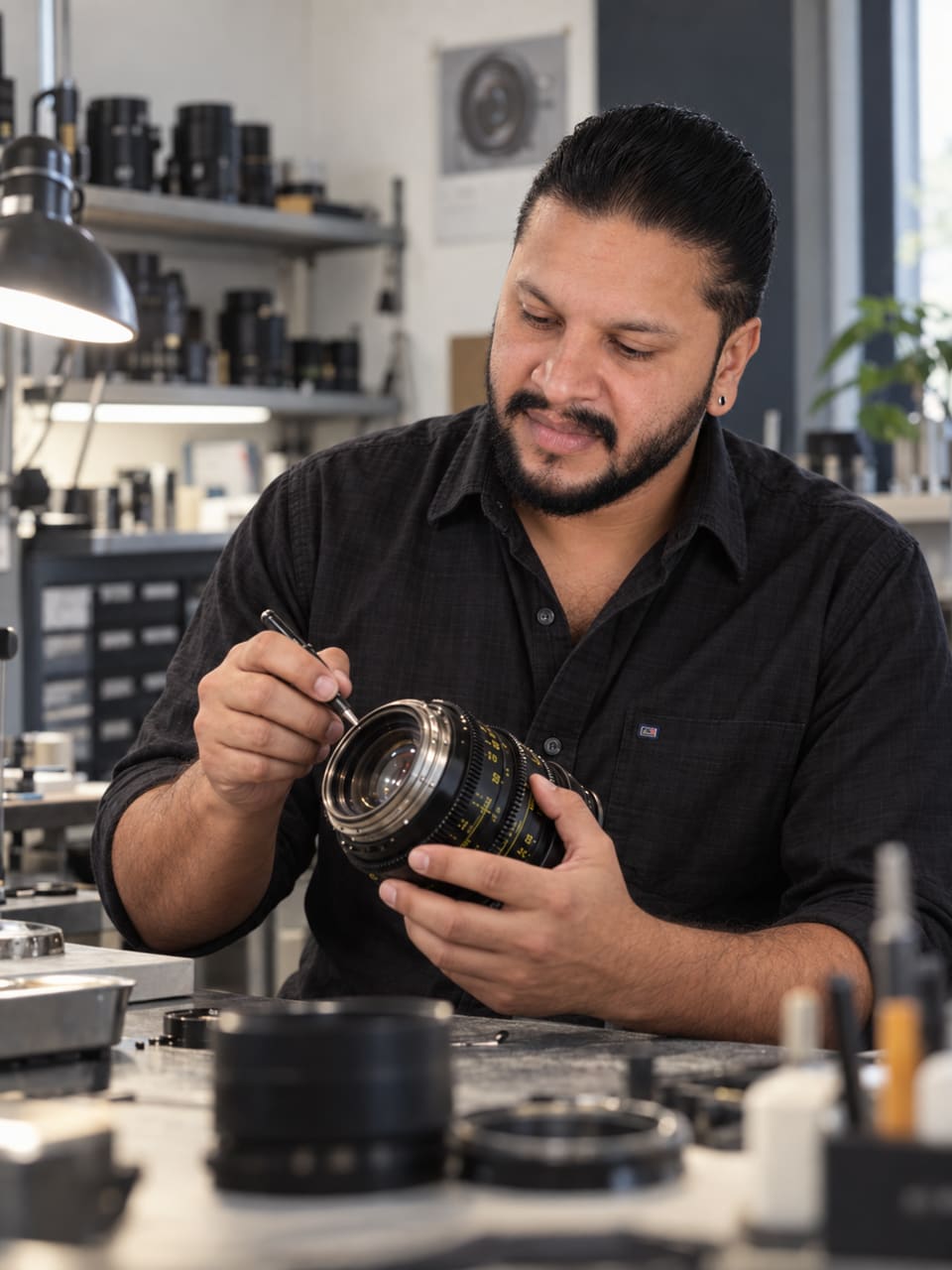 Editorial portrait based on Mithun's photograph, depicting him inspecting a cinema lens