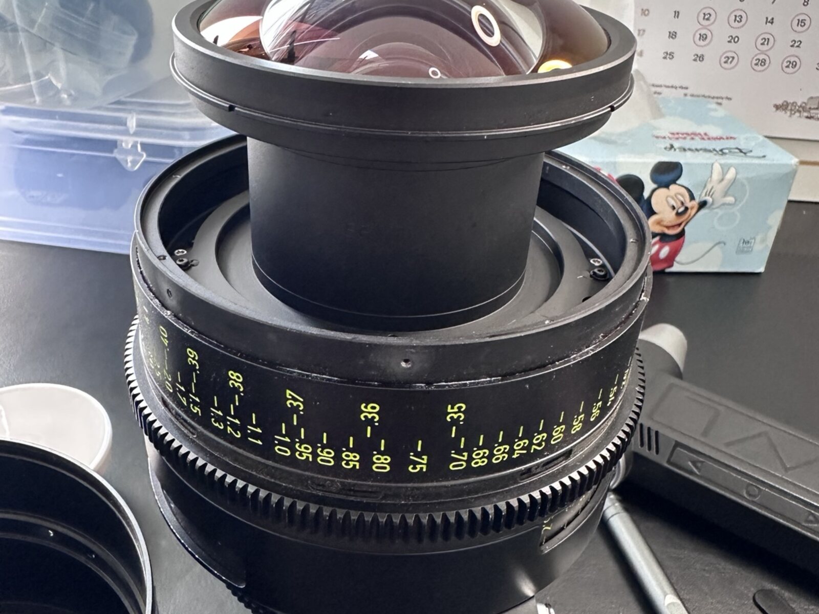 Cinema lens assembly prepared for inspection